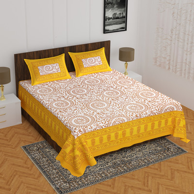 Indian Royal Fashion Cotton Double Flat 144 TC Printed Bedsheet(Pack of 1, Yellow)