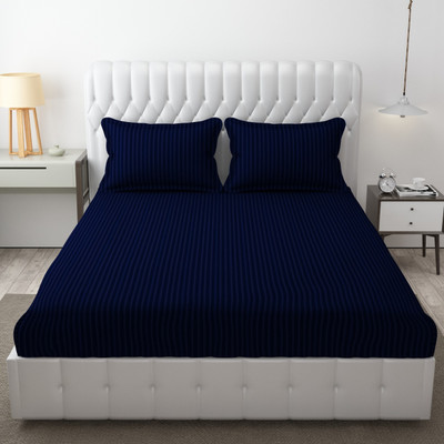 SANDECORE Cotton King Fitted (Elastic) 240 TC Striped Bedsheet(Pack of 1, Dark Blue)