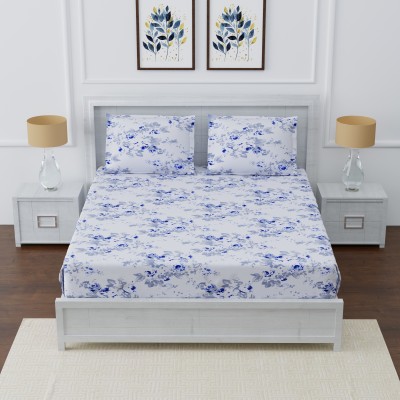 ACHIR 180 TC Cotton Double Floral Fitted (Elastic) Bedsheet(Pack of 1, Blue, Grey)