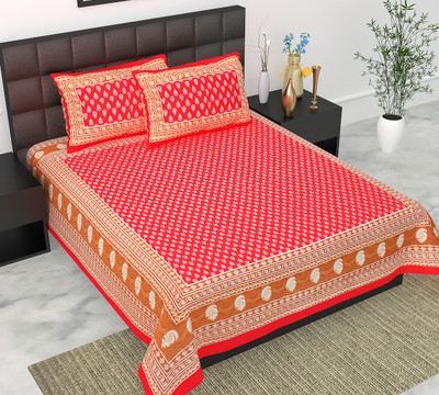 Navkar Creation 104 TC Cotton Double Jaipuri Prints Flat Bedsheet(Pack of 1, Red)
