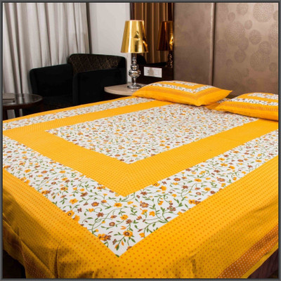 Leo Creation 144 TC Cotton Double Jaipuri Prints Flat Bedsheet(Pack of 1, Yellow)