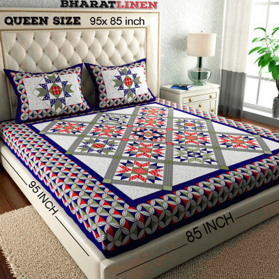BharatLinen 144 TC Cotton Queen Jaipuri Prints Flat Bedsheet(Pack of 1, Blue)