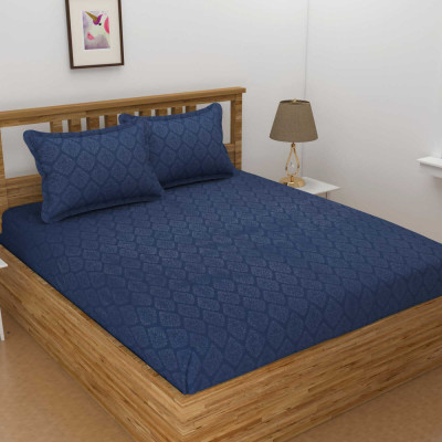TURIYA 180 TC Microfiber Double Geometric Fitted (Elastic) Bedsheet(Pack of 1, Blue)