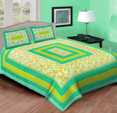KKS Collections Cotton Double, Queen, King Flat 144 TC Printed Bedsheet(Pack of 1, Green)