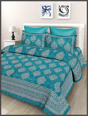 Leo Creation 144 TC Cotton Double Jaipuri Prints Flat Bedsheet(Pack of 1, Sea Green)