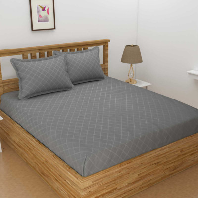 TURIYA 180 TC Microfiber Double Geometric Fitted (Elastic) Bedsheet(Pack of 1, Grey)