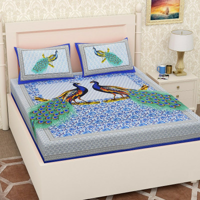 Navkar Creation 141 TC Cotton Queen 3D Printed Fitted (Elastic) Bedsheet(Pack of 1, Multicolor)