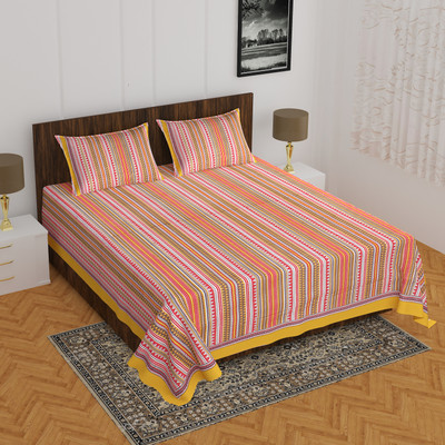 BATHAM HANDLOOM 104 TC Cotton Double Jaipuri Prints Flat Bedsheet(Pack of 1, Multicolor)