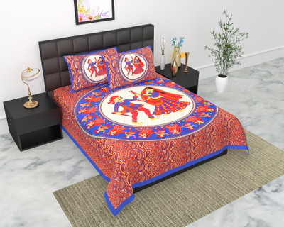 Navkar Creation 104 TC Cotton Double Jaipuri Prints Flat Bedsheet(Pack of 1, Blue)