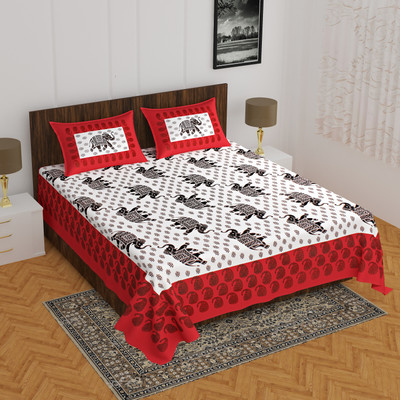 E ELMA Cotton Double Flat 144 TC Printed Bedsheet(Pack of 1, Red)