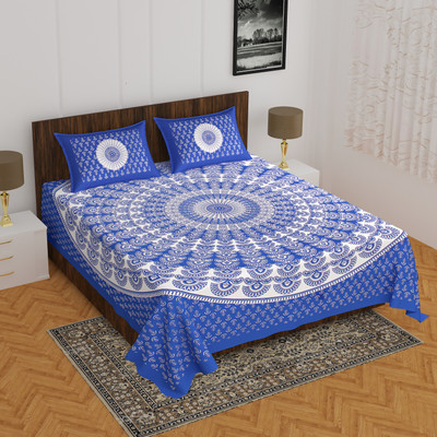 BATHAM HANDLOOM 104 TC Cotton Double Jaipuri Prints Flat Bedsheet(Pack of 1, Multicolor)