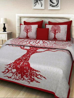 KANDY SHOP Cotton Queen, King Flat 144 TC Jaipuri Prints Bedsheet(Pack of 1, white,pink)
