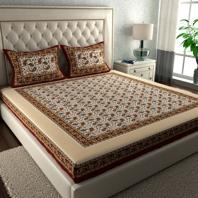 CLOTHSIDE 104 TC Cotton Double Jaipuri Prints Flat Bedsheet(Pack of 1, Maroon)