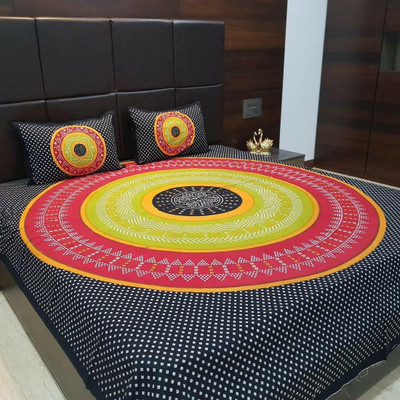 Monik Handicrafts Cotton Double Flat 230 TC Jaipuri Prints Bedsheet(Pack of 1, Black)