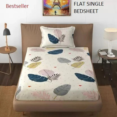 Crafteal 160 TC Cotton Single Printed Flat Bedsheet(Pack of 1, White)