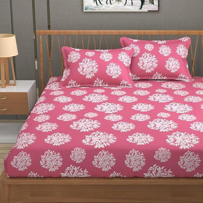 Mooniea 180 TC Cotton Double Floral Fitted (Elastic) Bedsheet(Pack of 1, Cotton bedsheet with pink flower design on bedsheet and matching pillow cover)