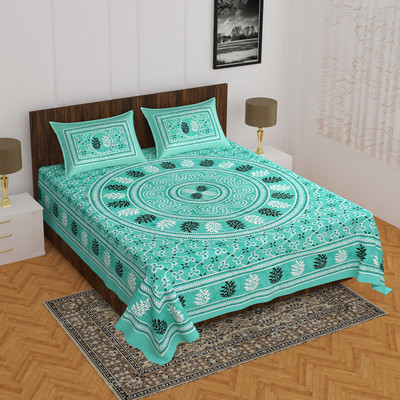 BATHAM HANDLOOM 104 TC Cotton Double Jaipuri Prints Flat Bedsheet(Pack of 1, Multicolor)