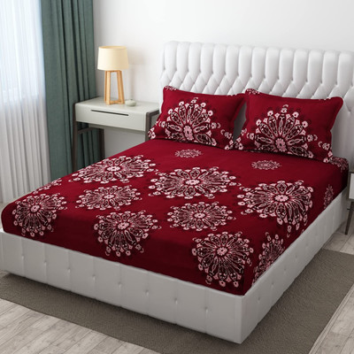 AVINYA 210 TC Cotton King Floral Fitted (Elastic) Bedsheet(Pack of 1, Maroon)