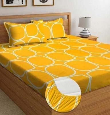 kavya fab Cotton King Fitted (Elastic) 220 TC Striped Bedsheet(Pack of 1, Yellow)