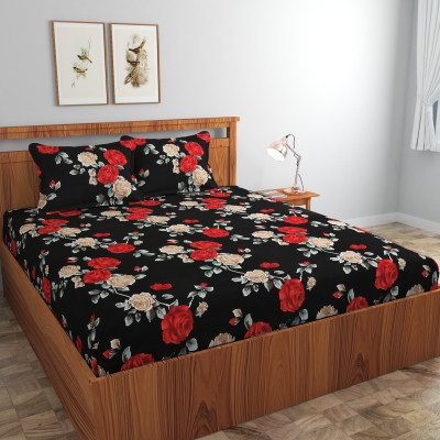 Ethe Home Cotton Double Fitted (Elastic) 280 TC Printed Bedsheet(Pack of 1, Black)