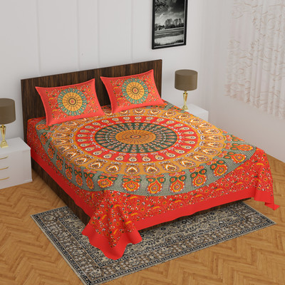 Indian Royal Fashion Cotton Double Flat 144 TC Jaipuri Prints Bedsheet(Pack of 1, Red)