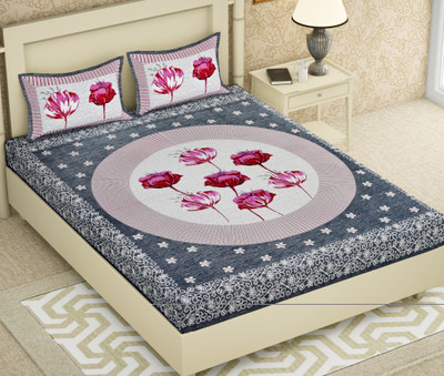 Cosito 144 TC Cotton Double Jaipuri Prints Flat Bedsheet(Pack of 1, Grey)