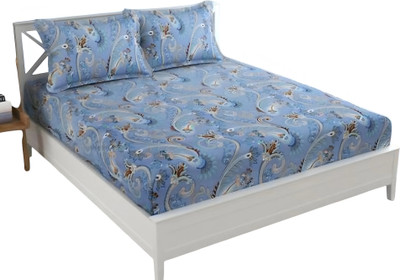 YATTIN FAB 250 TC Microfiber Double 3D Printed Fitted (Elastic) Bedsheet(Pack of 1, Blue)