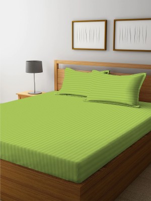 real dream 200 TC Cotton Queen Striped Fitted (Elastic) Bedsheet(Pack of 1, Green)