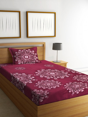 AVINYA 210 TC Cotton Single Floral Fitted (Elastic) Bedsheet(Pack of 1, Maroon)