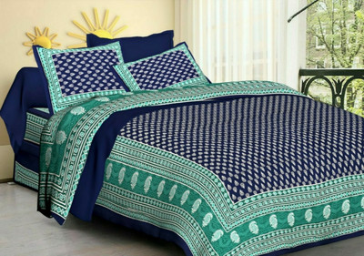tripati sanganeri prints Cotton Double Flat 228 TC Jaipuri Prints Bedsheet(Pack of 1, Blue)