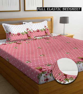PRK 190 TC Cotton Double Printed Fitted (Elastic) Bedsheet(Pack of 1, White)