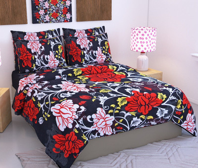 kaku handloom Microfiber Double Flat 140 TC Floral Bedsheet(Pack of 1, Red, Black)