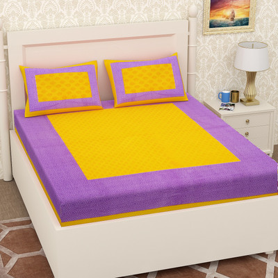 RIYA FABRICS 140 TC Cotton Double Jaipuri Prints Flat Bedsheet(Pack of 1, Yellow and purple)