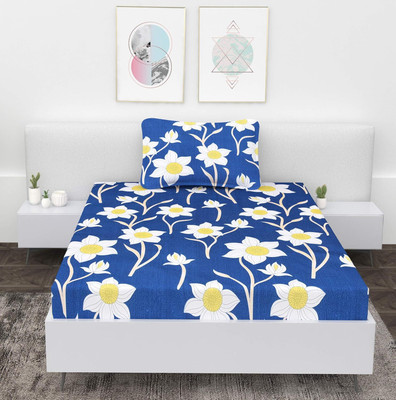 HOMYBEES Cotton Single Fitted (Elastic) 220 TC Abstract Bedsheet(Pack of 1, Blue, White, Yellow)