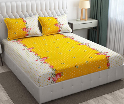 LX LOYREX Cotton King Fitted (Elastic) 220 TC Printed Bedsheet(Pack of 1, WHITE DOT 00)