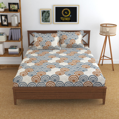 GLORIES 210 TC Cotton Double Printed Fitted (Elastic) Bedsheet(Pack of 1, Grey-Coffee)
