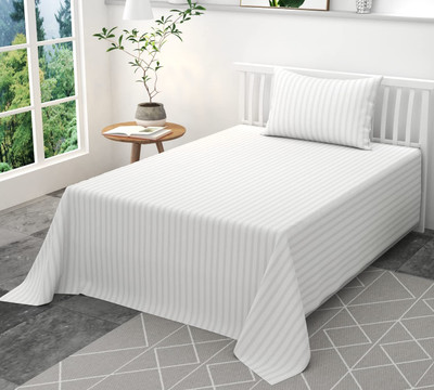 WUSA Satin Single Flat 210 TC Striped Bedsheet(Pack of 1, White)