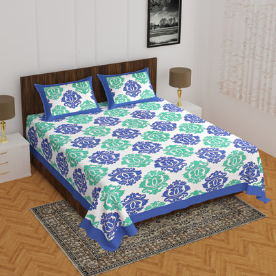 E ELMA Cotton Double Flat 144 TC Printed Bedsheet(Pack of 1, Blue)