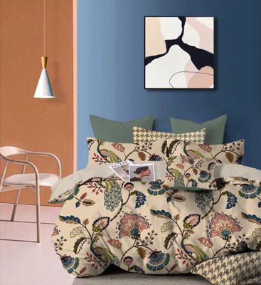GLORIES 210 TC Polycotton King Floral Fitted (Elastic) Bedsheet(Pack of 1, BEIZE)