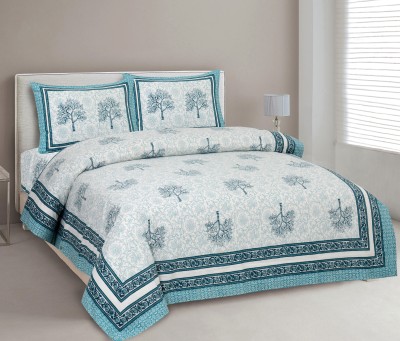 CLOTHOLOGY 240 TC Cotton King Jaipuri Prints Flat Bedsheet(Pack of 1, White, Sea Green)