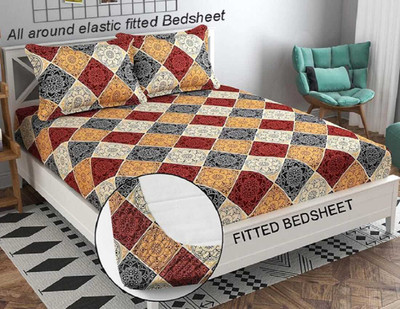 Durva Enterprises Cotton Blend Double Fitted (Elastic) 200 TC Printed Bedsheet(Pack of 1, Multicolor)
