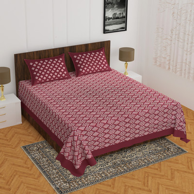 E ELMA Cotton Double Flat 144 TC Printed Bedsheet(Pack of 1, Maroon)