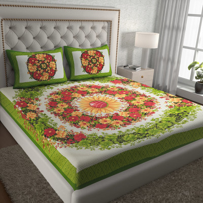Cosito 144 TC Cotton Double Jaipuri Prints Flat Bedsheet(Pack of 1, Green)