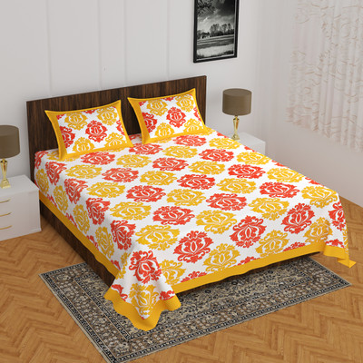 Indian Royal Fashion Cotton Double Flat 144 TC Printed Bedsheet(Pack of 1, Yellow)