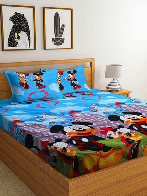 Home Readiness 140 TC Cotton Double Cartoon Fitted & Flat Bedsheet(Pack of 1, Blue)