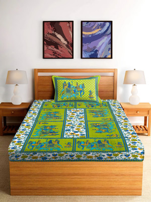 SPANGLE 144 TC Polycotton Single Printed Flat Bedsheet(Pack of 1, Green, Blue Elephant)