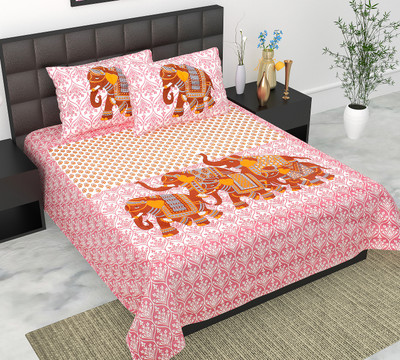Navkar Creation 104 TC Cotton Double Jaipuri Prints Flat Bedsheet(Pack of 1, Pink)