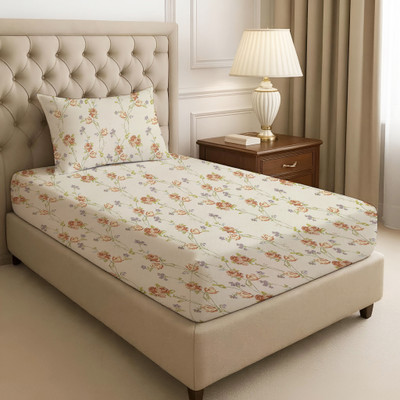 DBRUNO 144 TC Microfiber Single Floral Flat Bedsheet(Pack of 1, Cream)