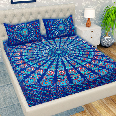 Cosito 144 TC Cotton Double Jaipuri Prints Flat Bedsheet(Pack of 1, Dark Blue)