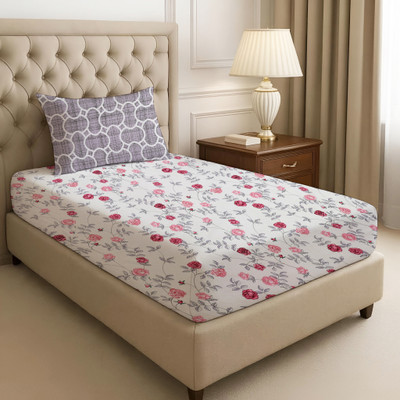 DBRUNO 144 TC Microfiber Single Floral Flat Bedsheet(Pack of 1, White and Pink)